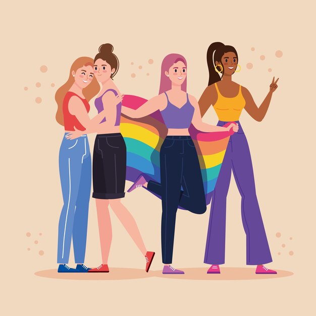 cuatro lesbianas con personajes de bandera