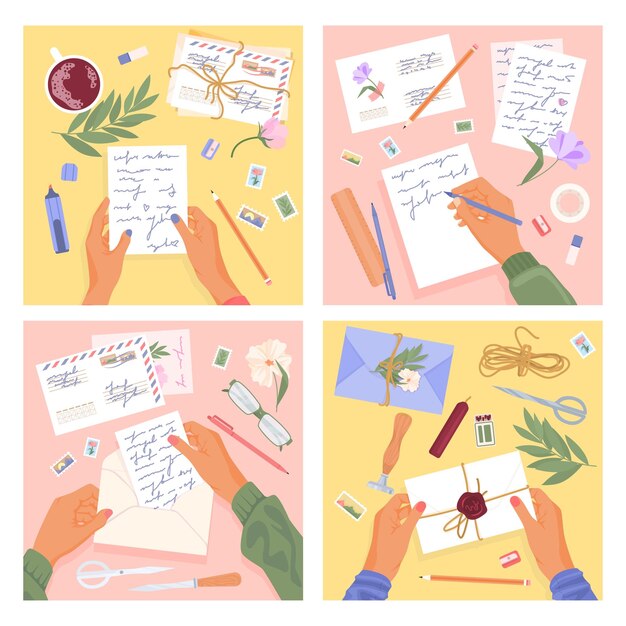 Cuatro letras románticas publican un conjunto de iconos planos planos con sobres, bolígrafos, textos y manos, ilustración vectorial