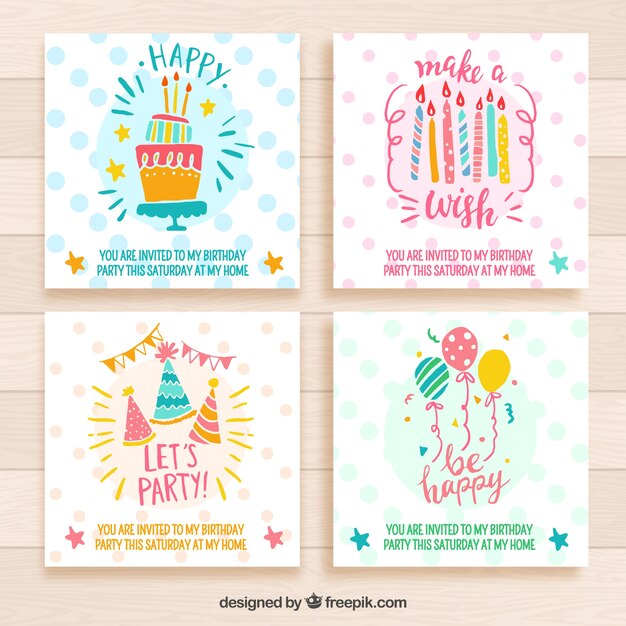 Cuatro lindas invitaciones de cumpleaños estilo dibujado a mano