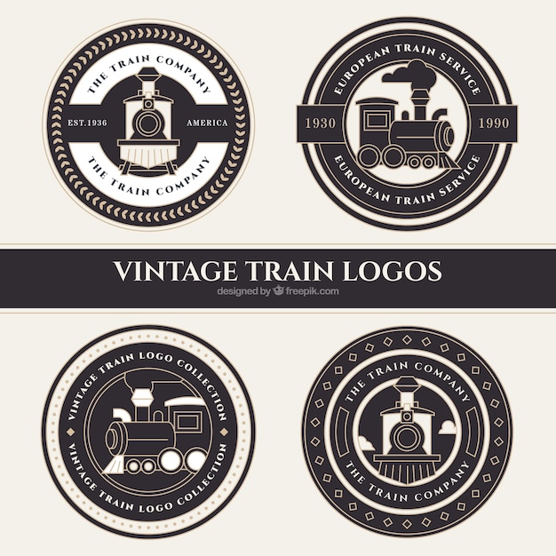 Cuatro logos de trenes redondos en estilo vintage
