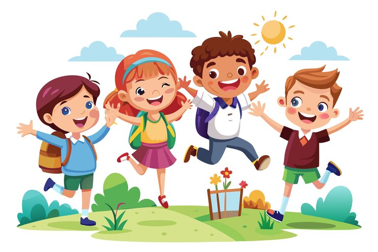 Vector gratuito cuatro niños felices saltando y jugando afuera en un parque