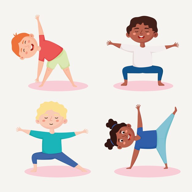 cuatro niños meditando grupo de personajes
