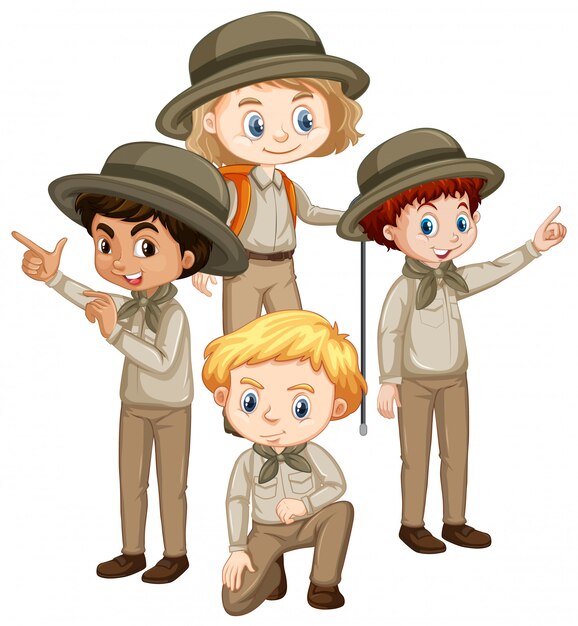 Cuatro niños en uniforme marrón