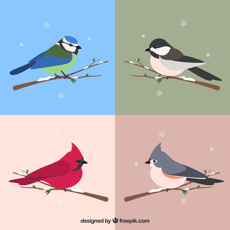 Vector gratuito cuatro pájaros lindos en una rama