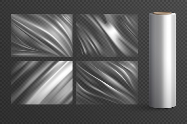 Vector gratuito cuatro paquetes de polietileno de textura de envoltura en blanco aislados y rollo de plástico transparente realista