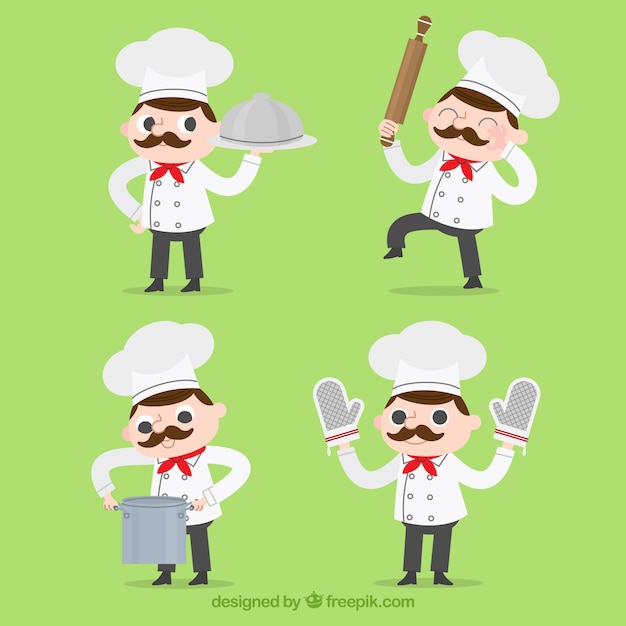 Cuatro personajes de chef con diferentes accesorios