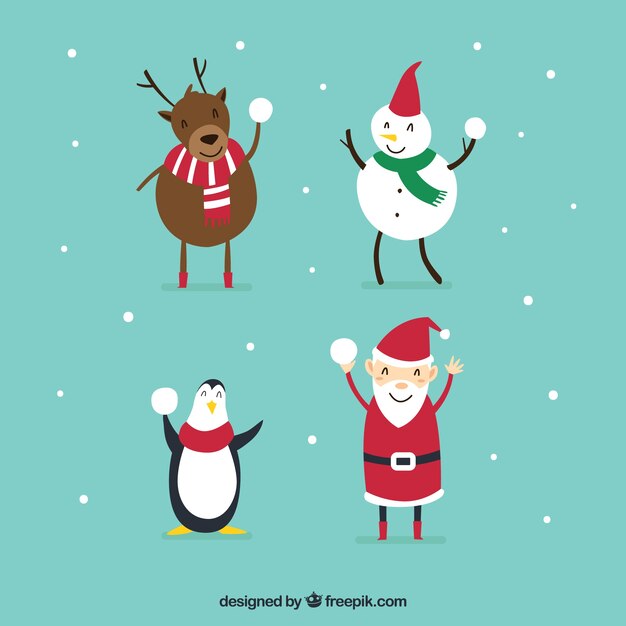 Cuatro simpáticos personajes navideños con bola de nieve