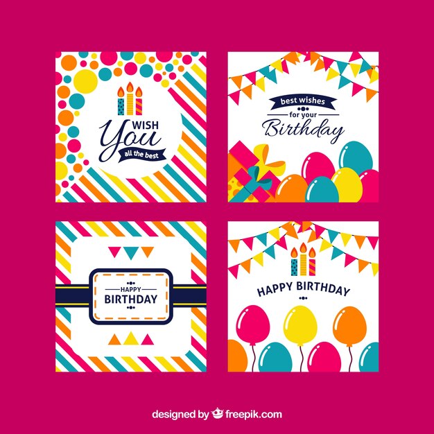 Cuatro tarjetas de cumpleaños coloridas