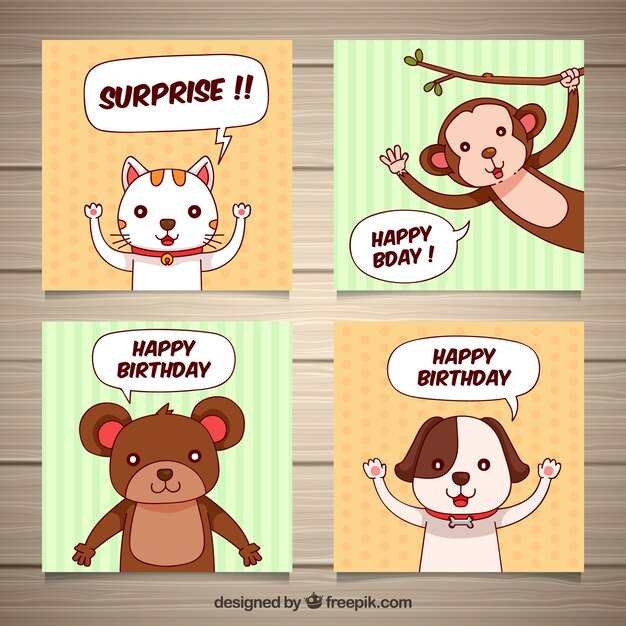 Cuatro tarjetas de cumpleaños dibujadas a mano con animales