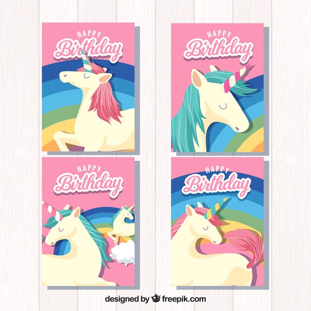 Cuatro tarjetas de cumpleaños con unicornios