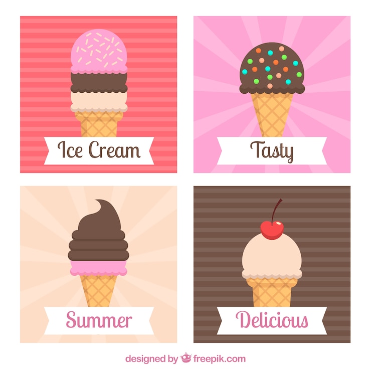 Vector gratuito cuatro tarjetas de helados en diseño plano