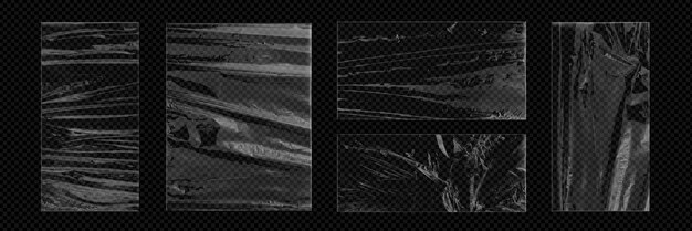Cubierta de álbum de vinilo plástico conjunto de envoltura de textura de arrugas Paquete de bolsa de cd retráctil vector 3d Embalaje de celofán plegable realista con colección de reflejos de luz Cinta de polietileno rota gráfico aislado