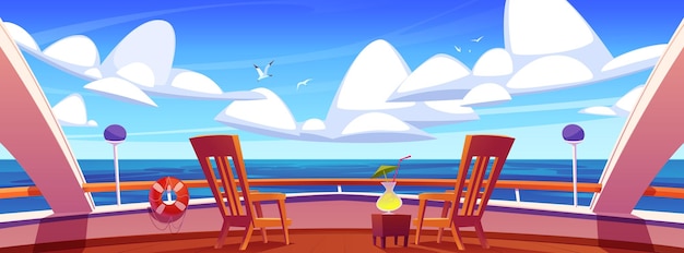 Cubierta de yate de dibujos animados con hermosa vista al mar