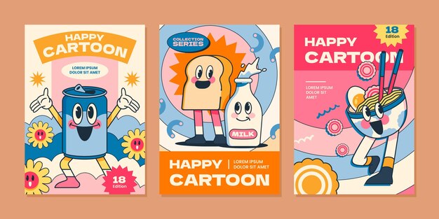 Cubiertas de dibujos animados de moda planos dibujados a mano