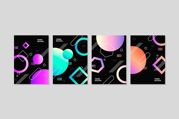Cubiertas geométricas coloridas de degradado sobre fondo oscuro