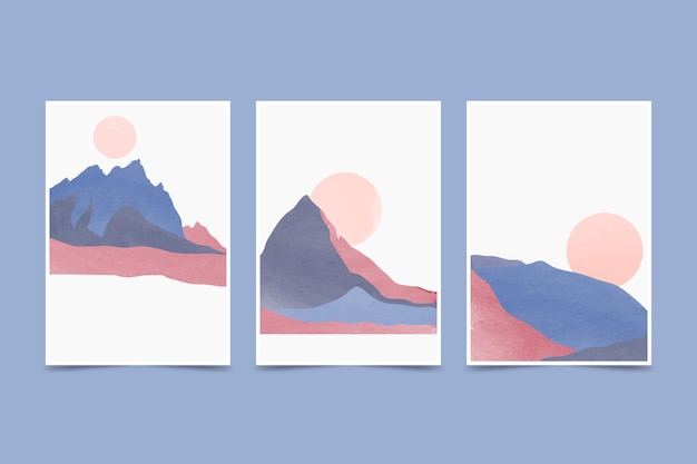 Vector gratuito cubiertas de paisajes minimalistas en acuarela