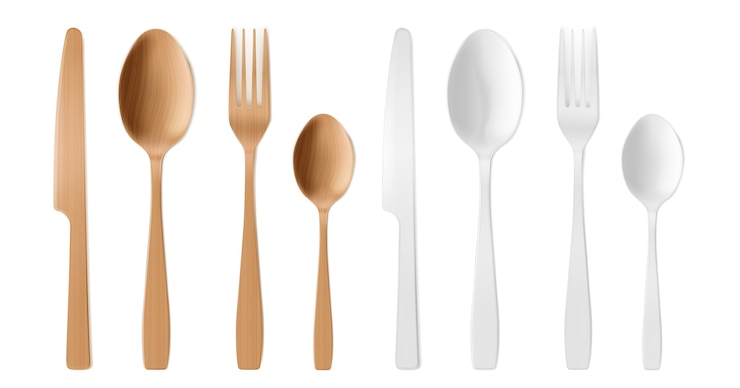 Vector gratuito cubiertos 3d de madera y plástico, tenedor, cuchara y cuchillo desechables.