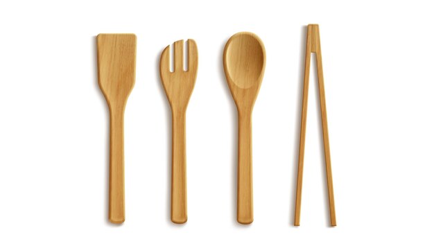 cubiertos de cocina de cuchara y tenedor de madera realistas en 3D