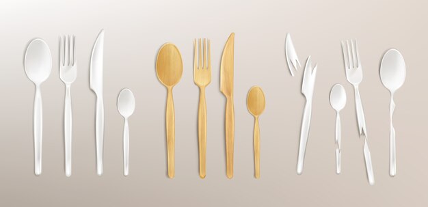 Cubiertos de madera 3d y plástico roto, tenedor, cuchara y cuchillo desechables. Ajuste de la tabla biodegradable de bambú aislado hecho de material reutilizable reciclado ecológico natural, ilustración realista, juego