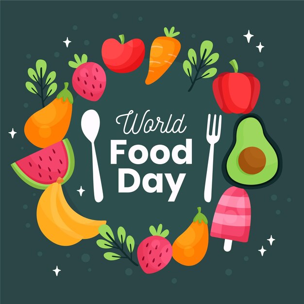 Cubiertos con verduras y frutas concepto del día mundial de la alimentación