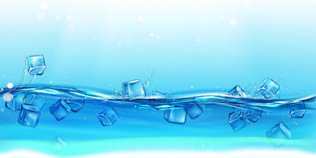 Cubitos de hielo flotando agua con salpicaduras y gotas de fondo