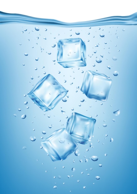 Cubitos de hielo realistas en composición de agua congelada con vista submarina de pequeñas fracciones de hielo