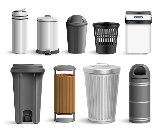 Cubo de basura realista con imágenes aisladas de varios contenedores de residuos para diferentes situaciones de uso ilustración vectorial