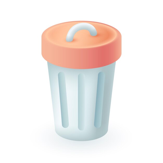 Cubo de basura con tapa icono 3D. Papelera o cubo de basura, contenedor de metal para basura o ilustración vectorial 3D basura sobre fondo blanco. Ecología, medio ambiente, cero residuos, concepto de reciclaje.
