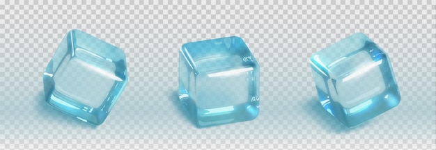 Cubo de hielo 3d realista conjunto azul transparente piezas cuadradas de agua congelada para enfriar bebidas bloques sólidos congelados translúcidos para cócteles y bebidas ilustración vectorial de agua helada clara
