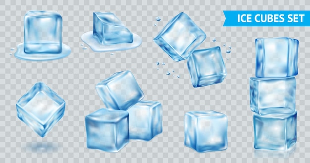 Cubo de hielo azul transparente realista conjunto aislado vector ilustración