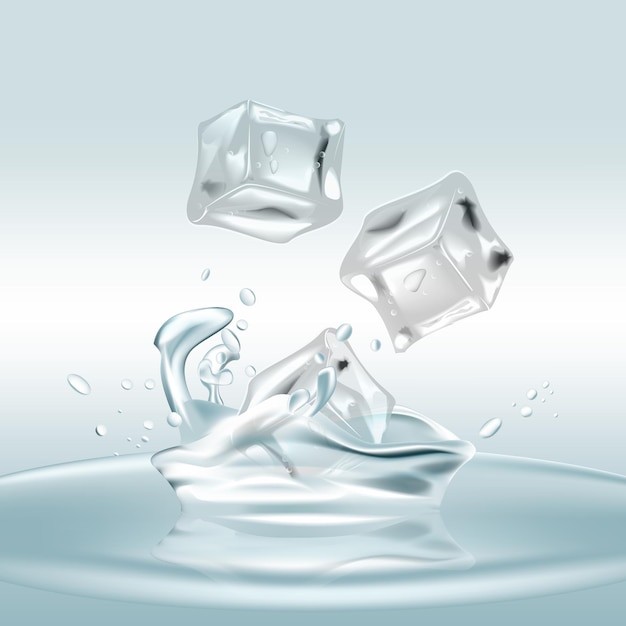 El cubo de hielo se deja caer en agua clara