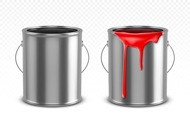 Cubo de hojalata con gotas de goteo rojo y olla de metal vacía