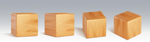 Cubos de madera 3D establecidos aislados en un fondo transparente Ilustración vectorial realista de bloques cúbicos hechos de madera natural con textura de roble Maqueta de juguete infantil para el aprendizaje y la educación ladrillo de construcción