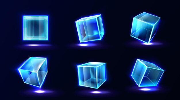 Cubos de plástico o vidrio que brillan con luz de neón en diferentes ángulos de vista, caja cuadrada transparente, bloque de cristal, acuario o podio de exhibición, objetos geométricos brillantes aislados, ilustración vectorial 3d realista