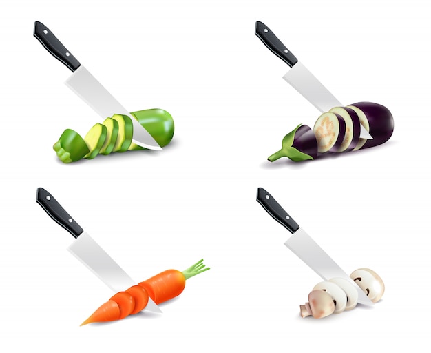 Vector gratuito cuchillo de cocina y verduras 3d set