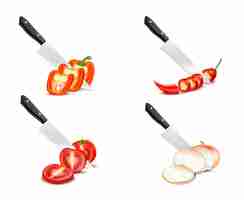 Vector gratuito el cuchillo que taja el diseño vegetal 3d con el chile de la cebolla de la paprika del tomate fijado en el fondo blanco aisló el ejemplo del vector
