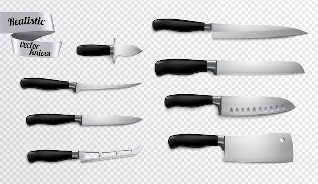 Cuchillos de carniceros de cocina establecer imagen realista de primer plano con trazado de recorte deshuesado cortador carver chef cuchillo