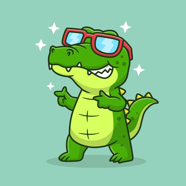 Cucito cocodrilo genial con gafas de dibujos animados icono vectorial ilustración naturaleza animal aislado plano