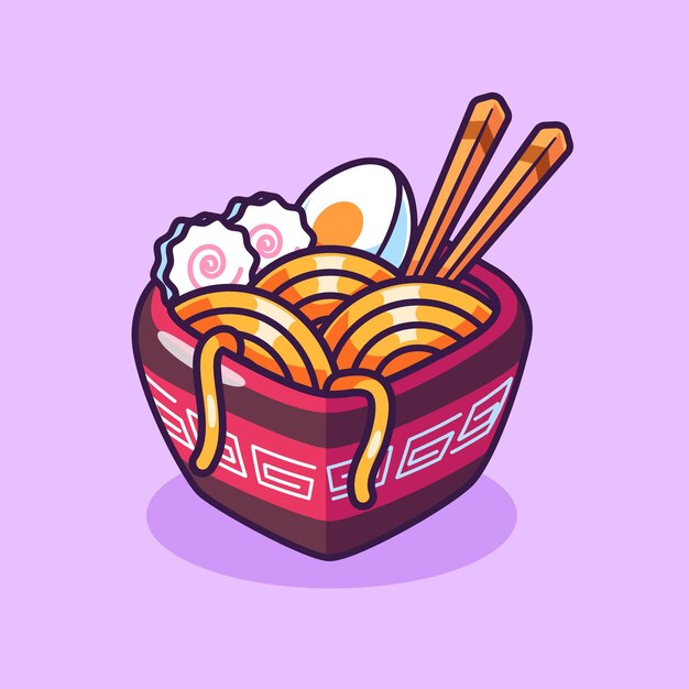 Cuenco de fideos Ramen con palillos de comer Ícono vectorial de dibujos animados Ilustración de alimentos Ícono de objeto aislado plano