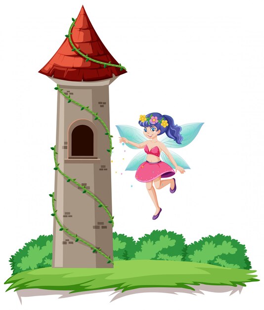 Cuento de hadas y estilo de dibujos animados de la torre del castillo sobre fondo de cielo del arco iris