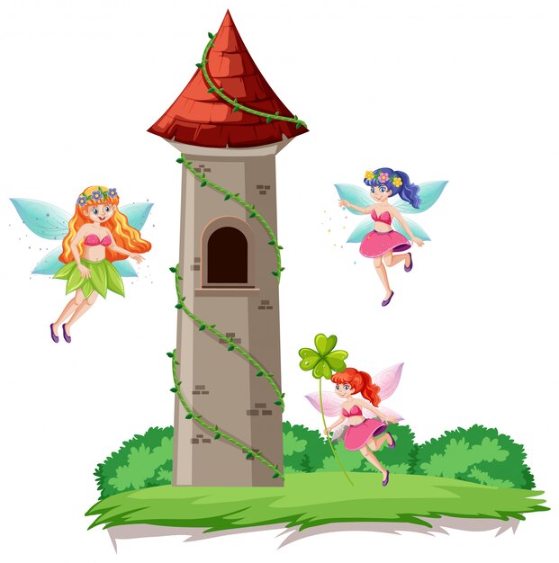 Cuentos de hadas y estilo de dibujos animados de la torre del castillo sobre fondo blanco