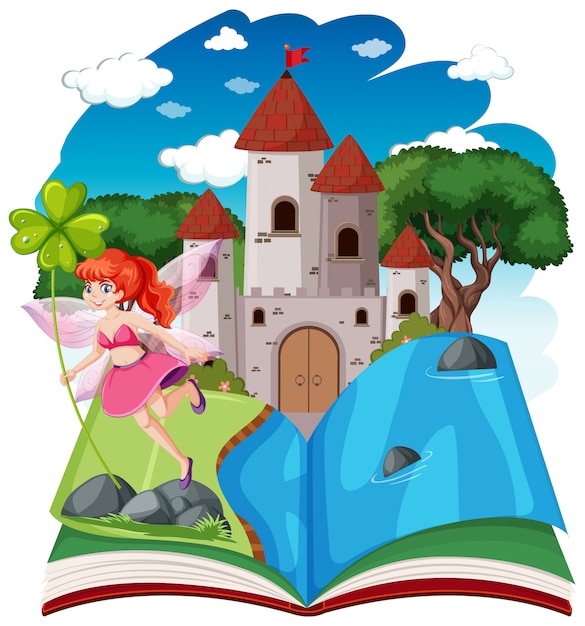 Vector gratuito los cuentos de hadas y la torre del castillo en el libro emergente estilo de dibujos animados sobre fondo blanco.