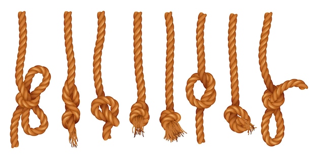 Cuerdas colgantes con nudos de enganche de clavo conjunto realista aislado en la ilustración de vector de fondo blanco