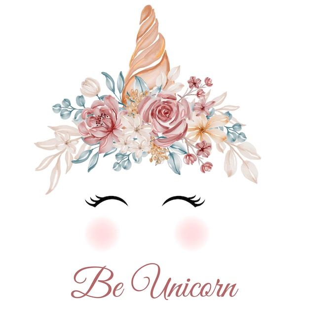 Vector gratuito cuerno de oro naranja unicornio con flor rosa ilustración acuarela