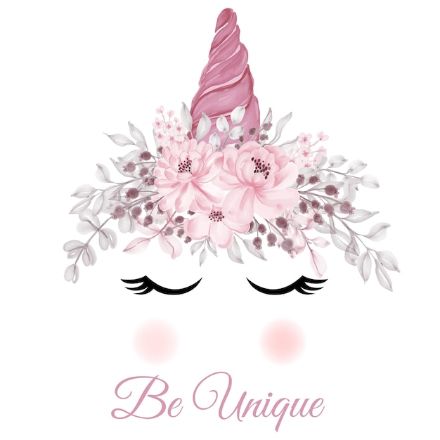 Vector gratuito cuerno de unicornio rosa con flor rosa pastel acuarela ilustración