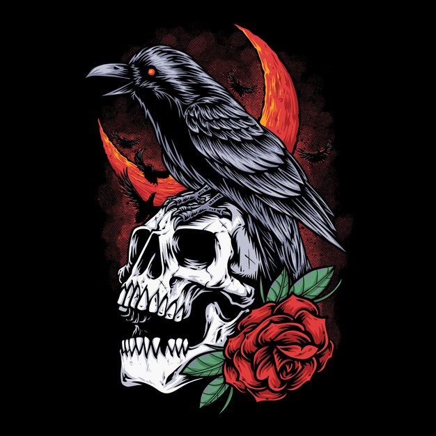 cuervo y cráneo con ilustración de rosa roja