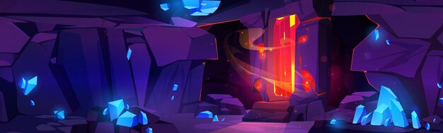 Cueva de dibujos animados con cristales azules en paredes de piedra Ilustración vectorial de mina subterránea niebla naranja brillando en la puerta de arco extraño lugar embrujado lleno de tesoros piedras preciosas fondo de juego de aventura