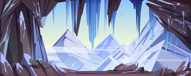 Vector gratuito cueva de hielo con nieve y estalactitas fondo de dibujos animados de caverna de montaña con rocas bajo cielo azul claro paisaje de naturaleza de fantasía vista de gruta congelada desde el interior de la escena para el juego ilustración vectorial