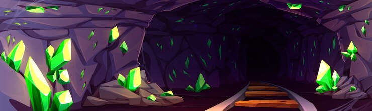 Vector gratuito cueva de la mina con piedras preciosas en las paredes y el ferrocarril