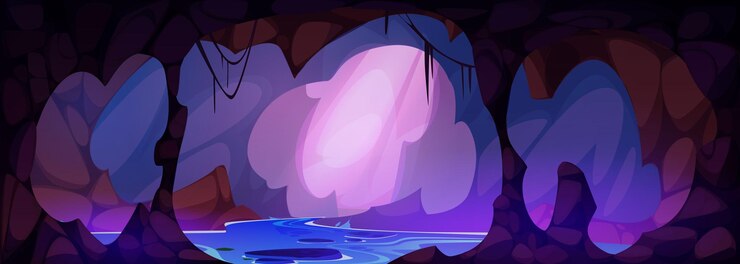 Vector gratuito cueva misteriosa oscura con lago o río subterráneo